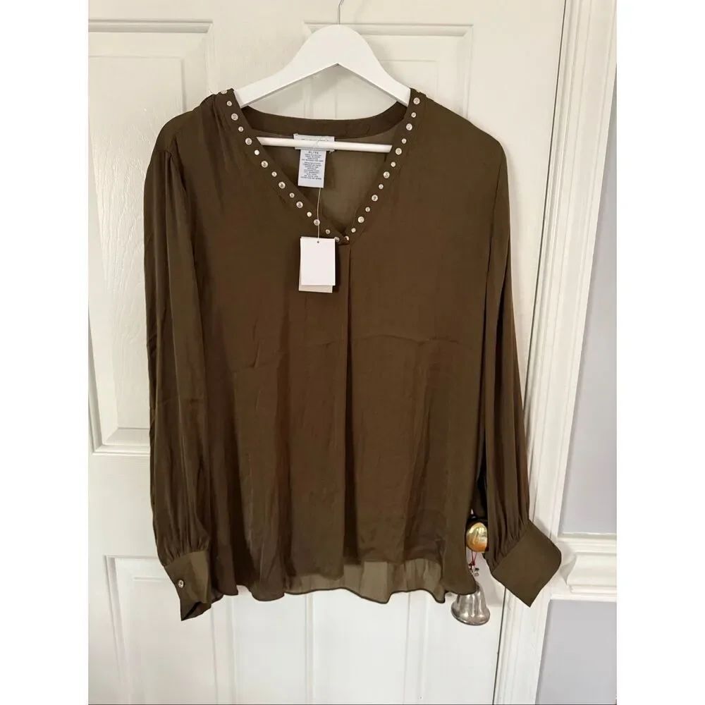 Carmen Marc Valvo Olive Brown Studded V-Neck Blouse sz XL NWT